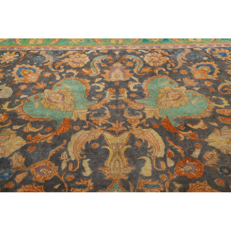 Tapis gris anthracite en laine noué à la main de conception unique 9 pi 6 po x 12 pi 10 po