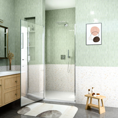 Porte de douche 72 po H 72 po x l 34 po semi-pivotant, verre trempé de 6 mm d'épaisseur 1/4 po, installation gauche / droite réversible, conception sans fuite, cadre en aluminium anticorrosion l, porte battante de 6 mm / peu encombrante, 1 po