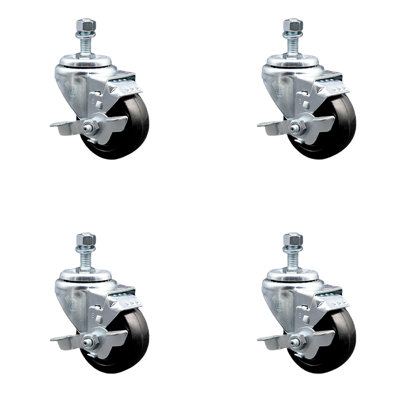 3.5 Inch SS Hard Rubber Wheel Swivel 10mm Threaded Stem Caster Set Brake SCC
