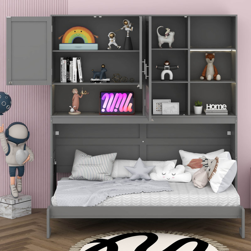 Twin Horizontal Murphy Bed With Storage Cabinet, LED Light And Charging Station,Wood Folding Murphy Wall Bed Cabinet With Bookcase And Shelves