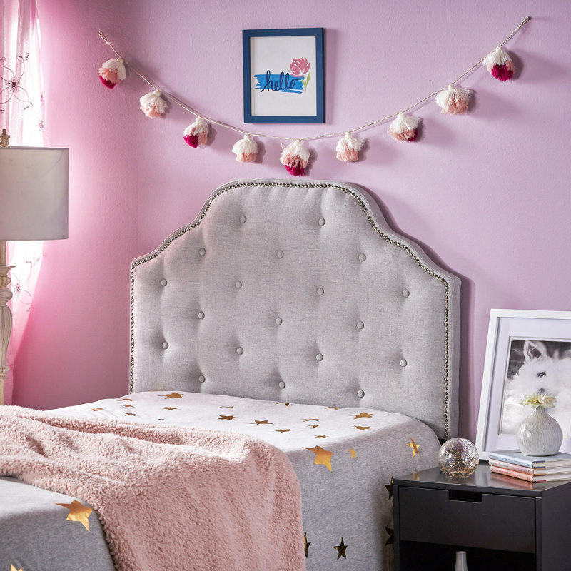 Grey Fabric Twin Headboard With Stylish Diamond Stitch And Nailhead Trim Upholstery Chic Button Tufting Details