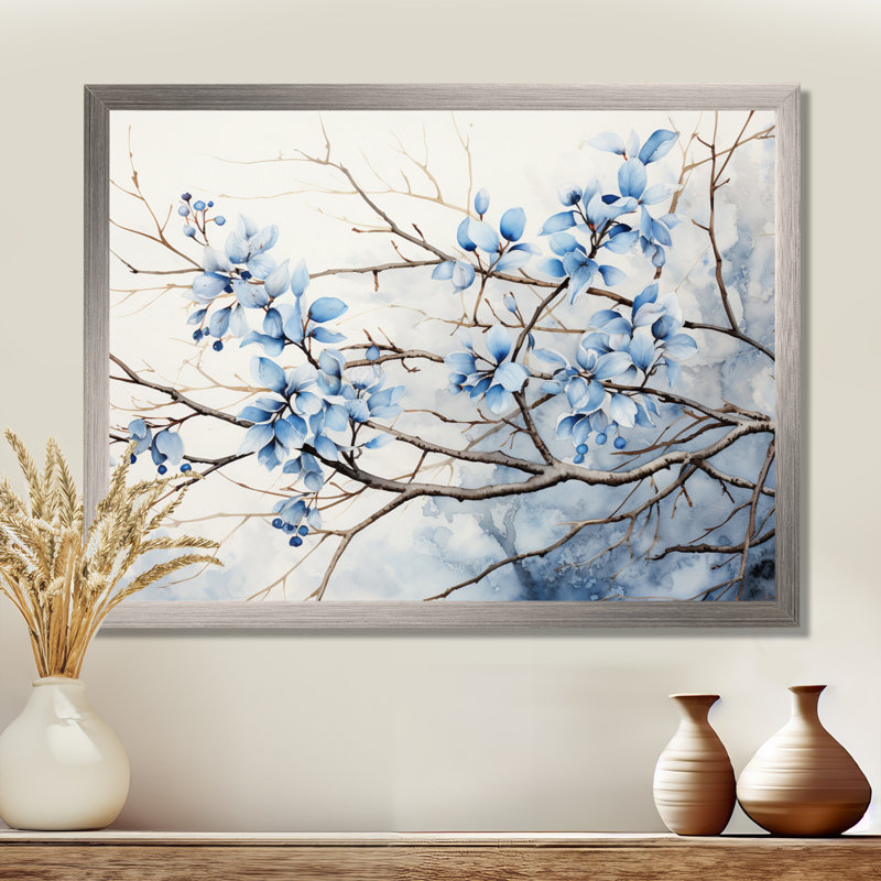 Art sur toile, feuilles bleues et grises, H 24 po x l 32 po x P 1 po, Cadre simple argenté