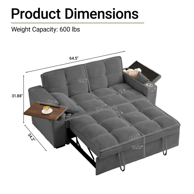 Aurora 65'' 3-in-1 Convertible Sofa Bed, Pull out Sleeper Sofa with 360° Swivel Side Table, USB, Cup Holder, Storage Armrest