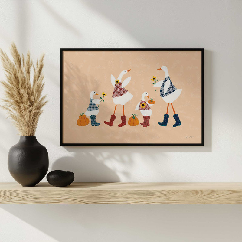 «Ducks in the Pumpkin Patch I» par Yvette St. Amant, reproduction d'art, H 24 po x l 36 po, Blanc
