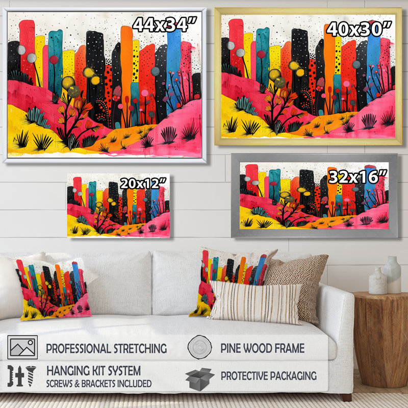 Orange orange, paysage urbain, Pop Art I - gratte-ciel, art mural, Cadre flottant noir, H 30 po x l 40 po