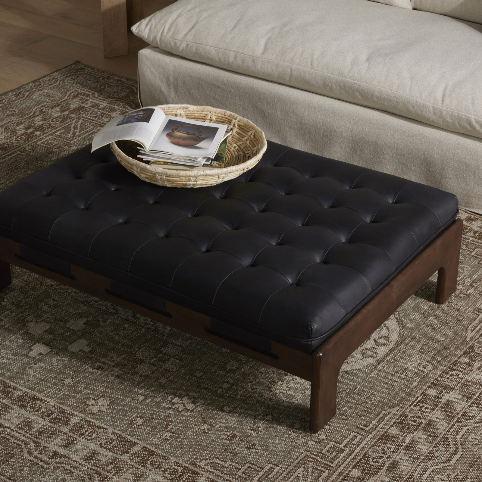 Bharkha 50" Genuine Leather Ottoman, Heirloom Black Genuine Leather