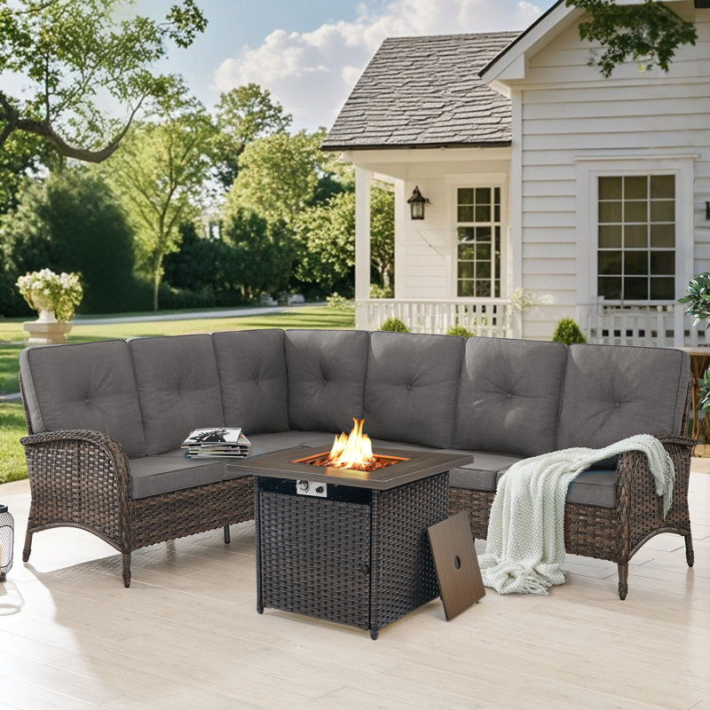 Ensemble de canapé modulaire d'extérieur en L avec table de foyer au propane Valierius, Gris