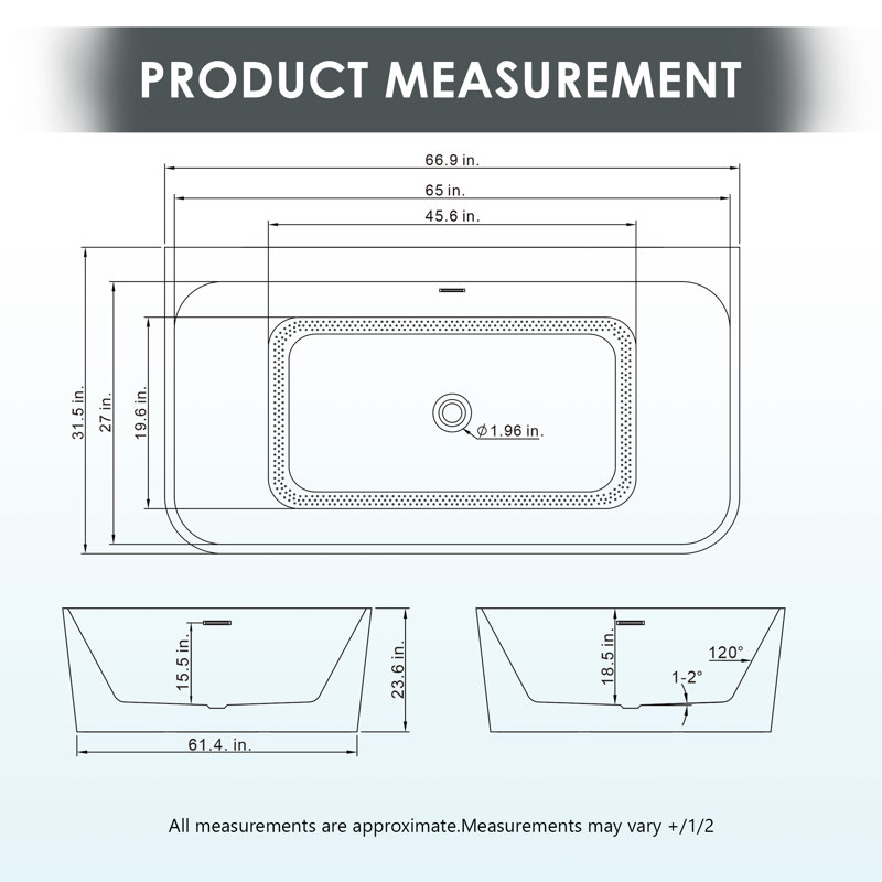 Lilac 67" x 32" Freestanding Acrylic Air Soaking Bathtub in Glossy White with Drain and Overflow
