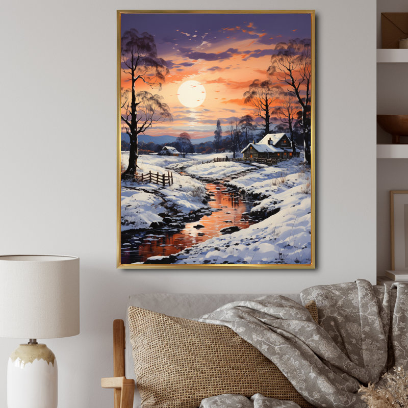Winter Sunset Snowfall III, reproduction d'art sur toile, 20" H x 12" W, Cadre flottant doré