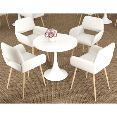 Modern 5-Piece Mid-Century Kitchen Dining Table Set – White Round Table with Beige Upholstered Chairs & Wood-Look Metal Legs for Dining Room, Café, Office, or Reception