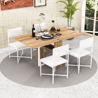 5-Piece Space-Saving Extendable Dining Table Set with Storage Rack and Upholstered Chairs by Latitude Run