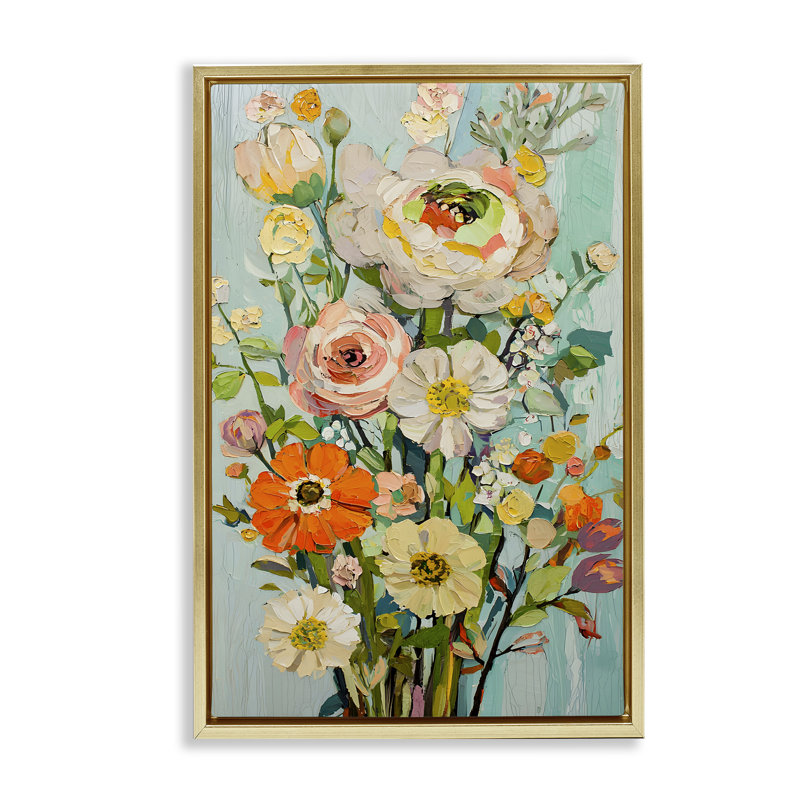Fleurs sur un cadre flottant de fantaisie, design par Franklyn Gregory, H 25 po x l 17 po, Cadre flottant métallique doré