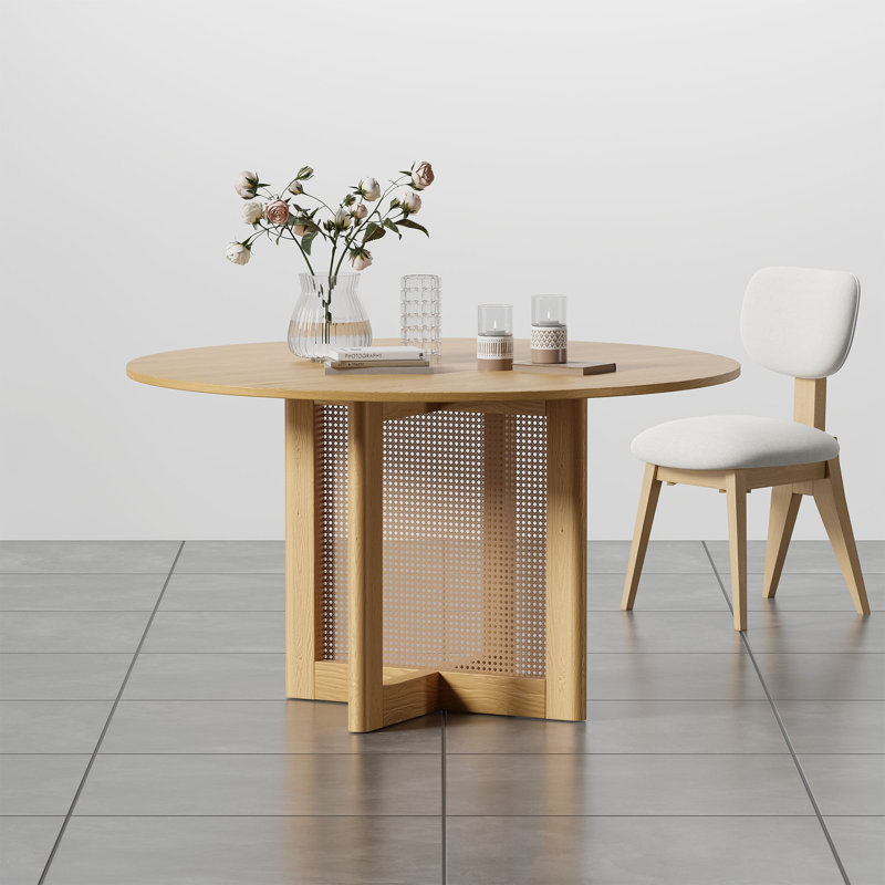 Round Solid Wood Dining Table with Rattan Pedestal, Natural Wood, 30"H x 52"L x 52"W