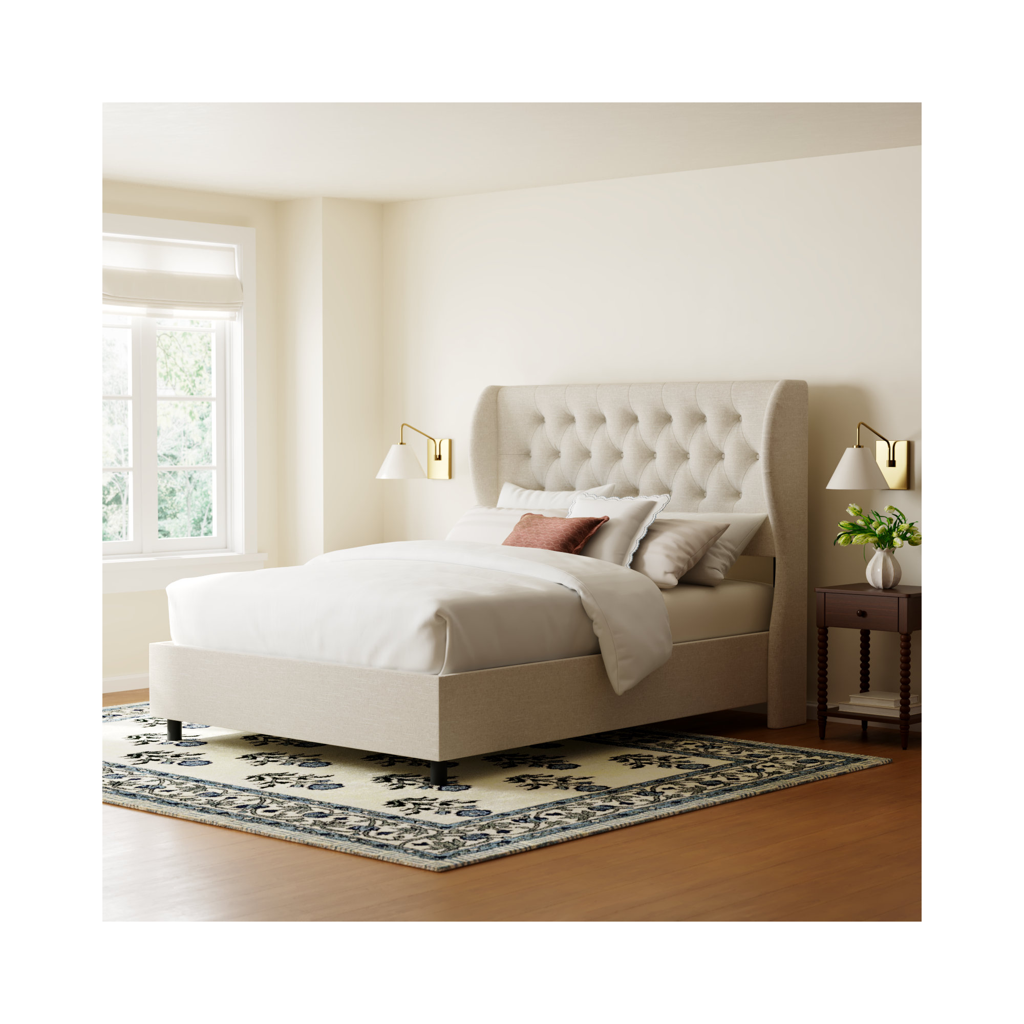 Tomey Upholstered Wingback Bed, Queen, Classic Talc Linen