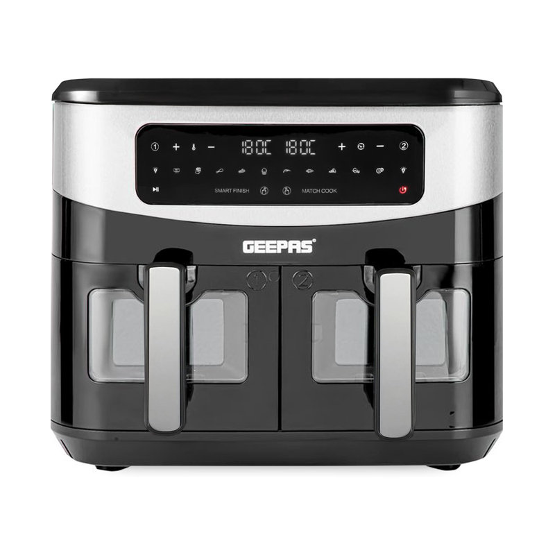 GEEPAS Dual Zone Digital Air Fryer with Visual Window | 9L XL Capacity 2 Drawers 10-In-1 Cooking Presets | Touch Screen Smart Finish Timer Function Dishwasher-Safe Healthy Oil Free & Low Fat Cooking