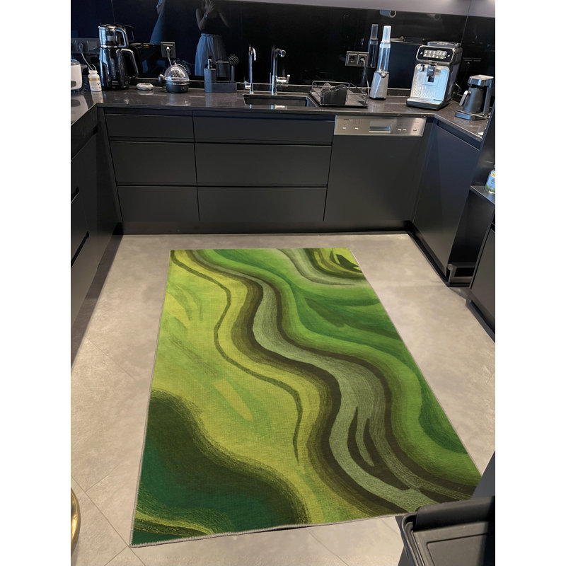 Tapis décoratif vert à motif de vagues surréalisme vert, Tapis de couloir 3 pi 3,37 po x 9 pi 10,11 po