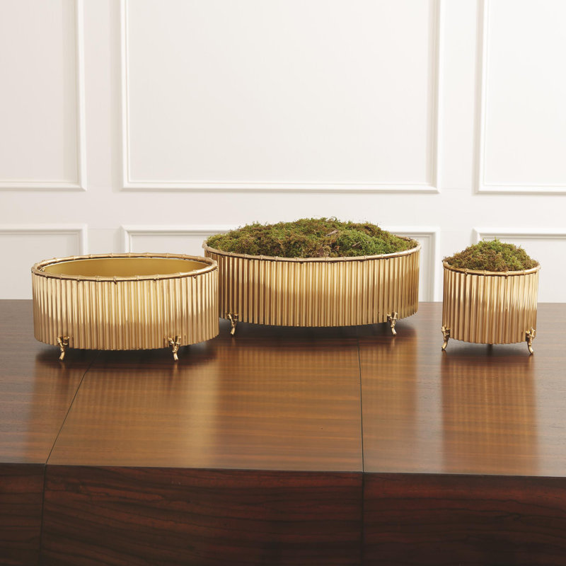 Corrugated Bamboo Cachepot, 7.5" H x 8.5" W x 8.5" D, Brass