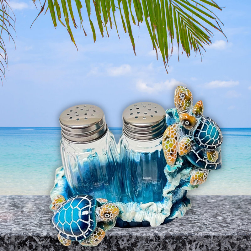 Ensemble de salière et poivrière en résine avec support de conception côtière de tortue de mer