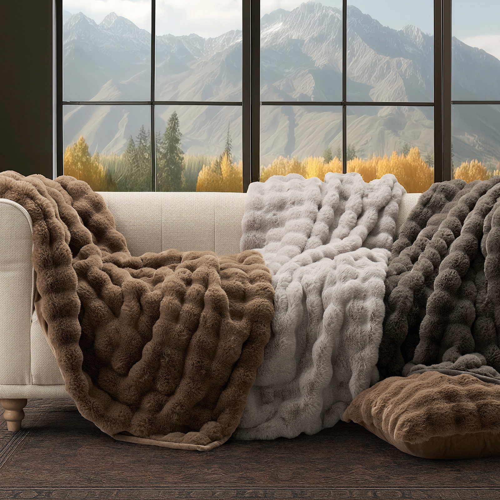 Faux Fur Weighted Throw Blanket, 60" L x 50" W, Natural Tan