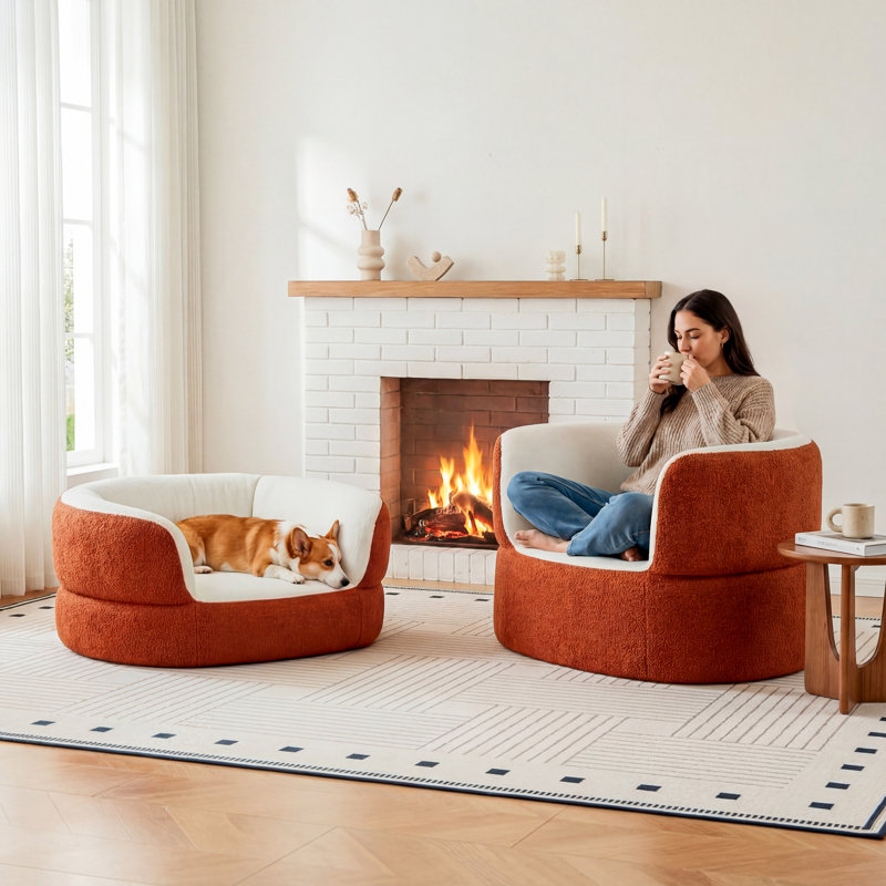 Faux Shearling Human Dog Sofa Set for Large Dogs up to 70 Lbs, No Assembly Orange-White Faux Shearling Elevated Dog Bed Couch, Round Floor Lounge Armchair for Balcony, Living Room and Bedroom