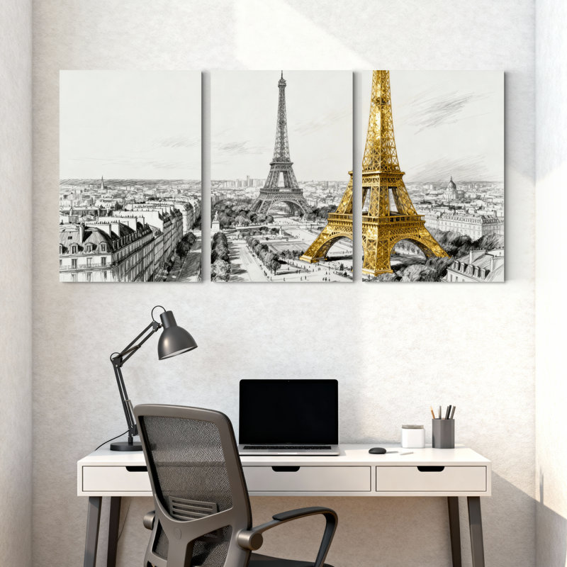 Monument historique de la Tour Eiffel, paysage urbain, accent doré, ensemble de 3 impressions d'art sur toile