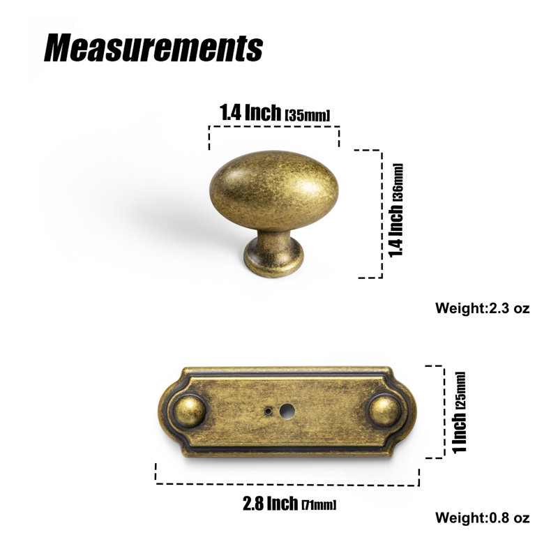 1.4" Length Oval Knob With Backplate  Multipack, Antique Brass