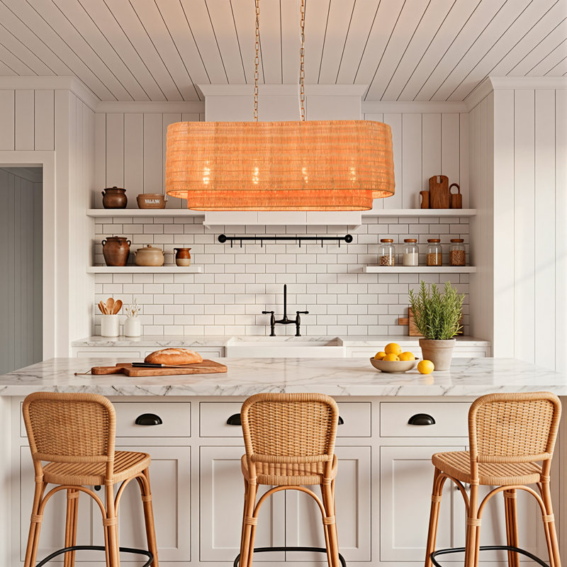 Luminaire suspendu de style maison de campagne moderne l 4 po avec abat-jour en rotin tissé à la main pour îlot de cuisine