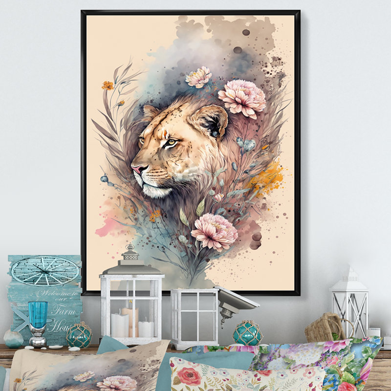 «Cute Lions Floral 3», impression sur toile, H 20 po x l 12 po x P 1 po, Cadre flottant noir
