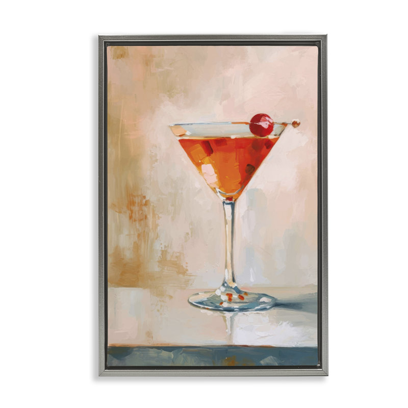  Cocktail Manhattan avec toile cerise par LSR Design Studio, H 31 po x l 21 po, Cadre flottant gris lustré