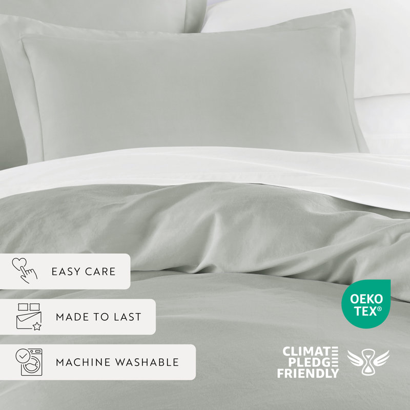 Vintage Washed Long-Staple Sateen Cotton Duvet Cover Set, Green Mist, Twin Duvet Cover + 1 Standard Sham