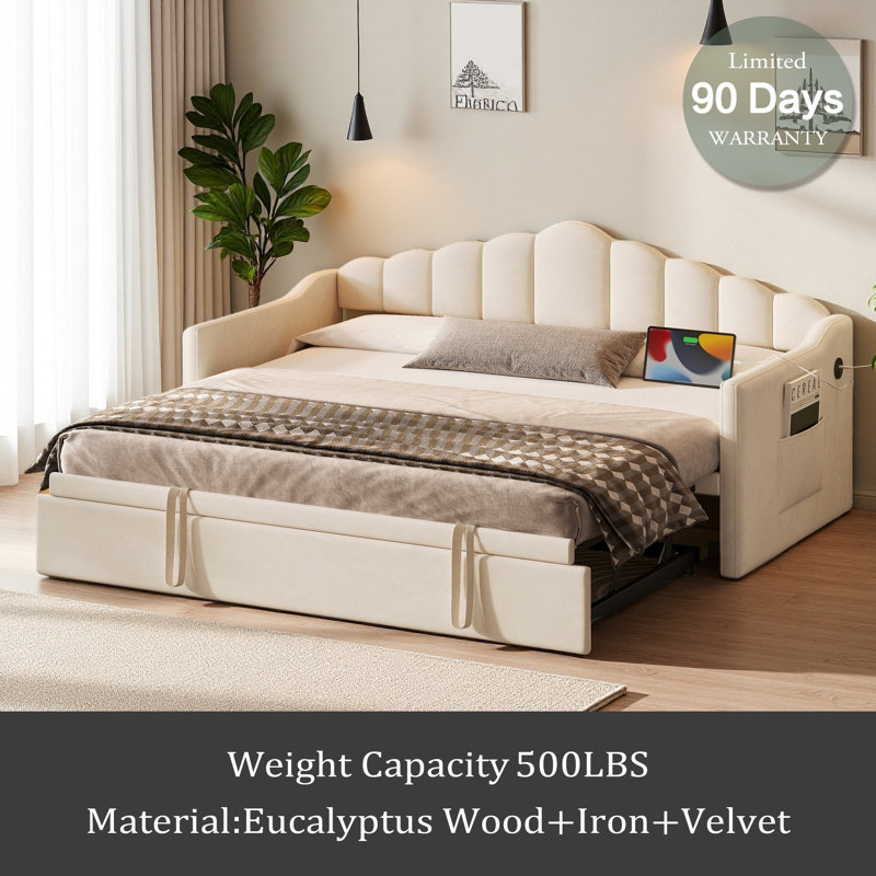 Twin Size Daybed With Storage 2 Drawers And Charging Station, Day Bed Frame With LED Lights And Storage Headboard, No Box-Spring Needed