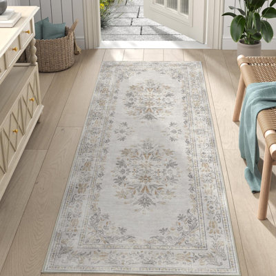 Vintage Floral Distressed Design Non-Slip Low-Pile Soft Thin Faux Wool Area Rug