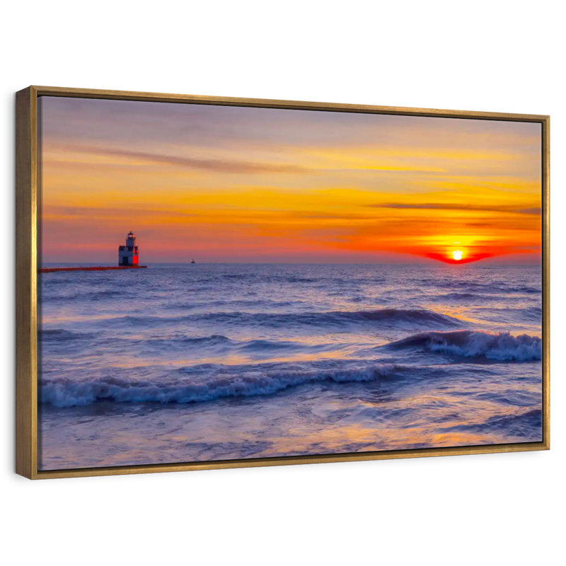 Phare sur le lac Michigan, Cadre flottant doré, 43 po x 29 po