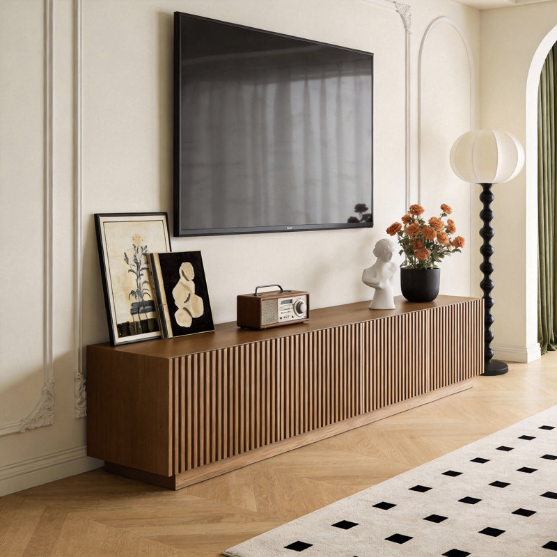 TV Media Unit with Cable Management, 220cm Wide in Walnut Finish, Multi-Shelf Storage Design