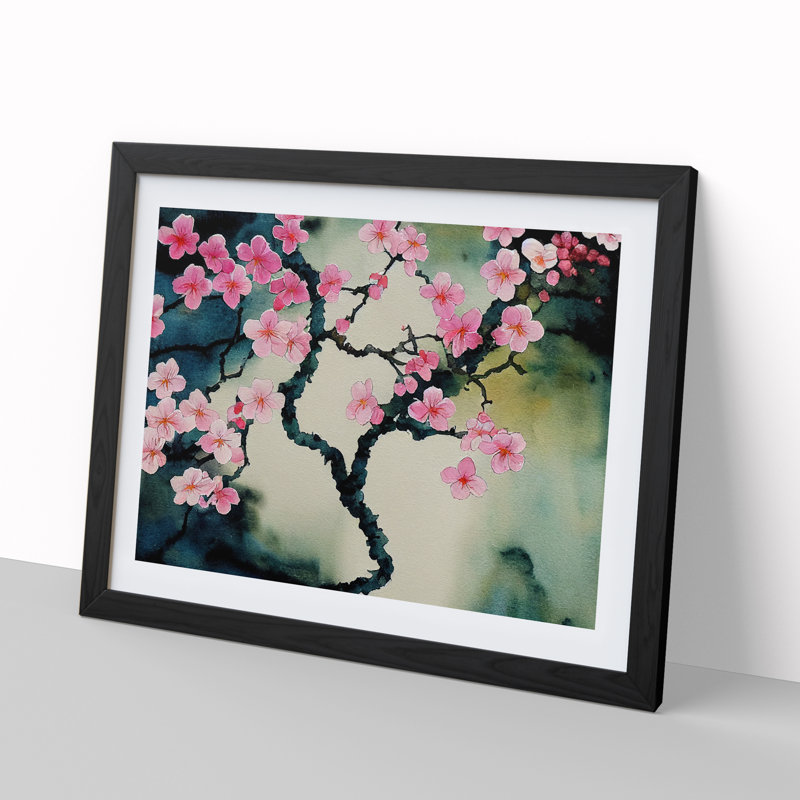Cherry Blossom Watercolour Flowers Vol.5 - Single Picture Frame Print, 46cm H x 64cm W x 2cm D, Black Framed