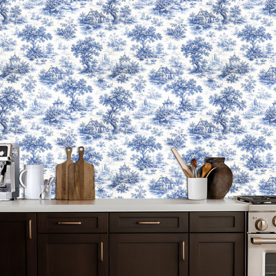 Papier peint adhésif style rétro Toile de Jouy, paysage, campagne, architecture, contact, papier peint amovible, auto-adhésif, décoration murale pour armoires de cuisine 17,7 po x 118 po