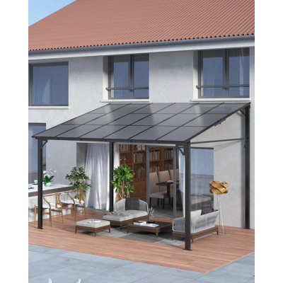 Lean To Gazebo, Hardtop Wall Pergola With Polycarbonate Roof, Aluminum Frame Mounted Gazebo