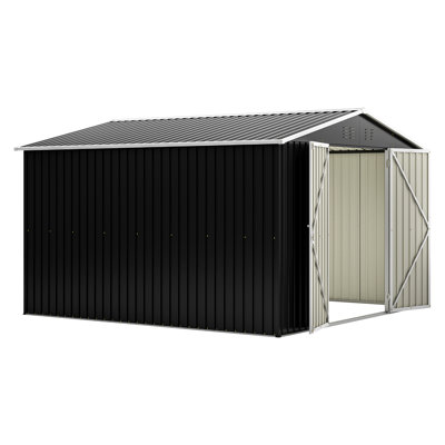 Outdoor Storage Shed 10X10 Ft, Metal. Lockable Doors & Construction. Ventilation Openings, Waterproof Roof. Black. Ideal For Backyard, Patio, Lawn Metal Utility With Strong Structure. Accommodates