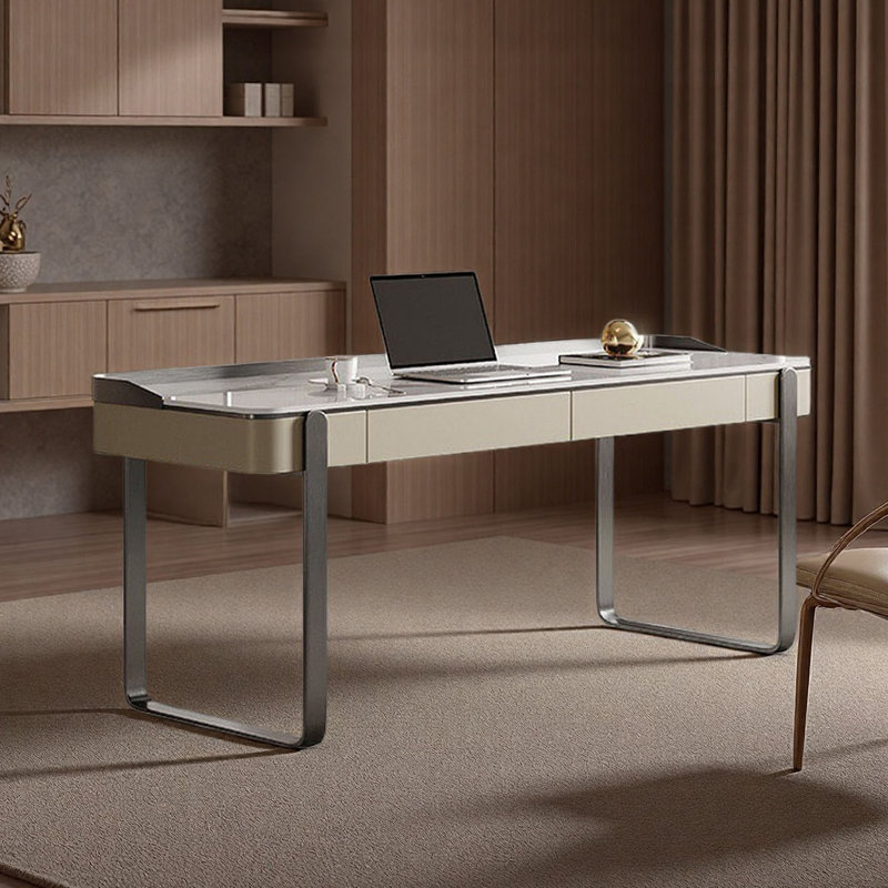 Modern Italian Light Luxury Rock-Panel Desk, 29.5" H x 63" W x 25.6" D