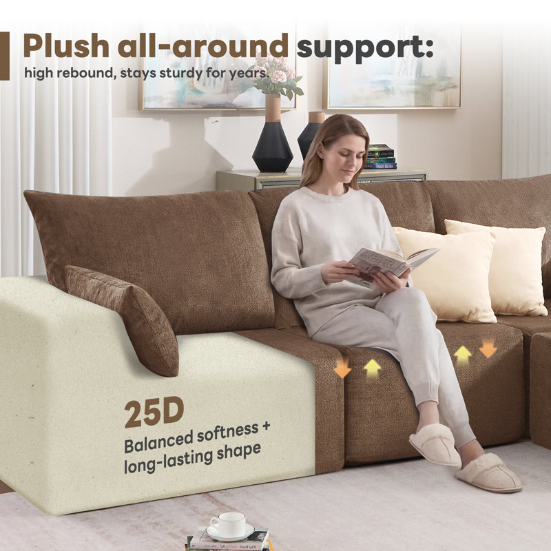 36.6" Chaise Chair Armless Single Ottoman Compression Frameless Lounger   , Brown Chenille