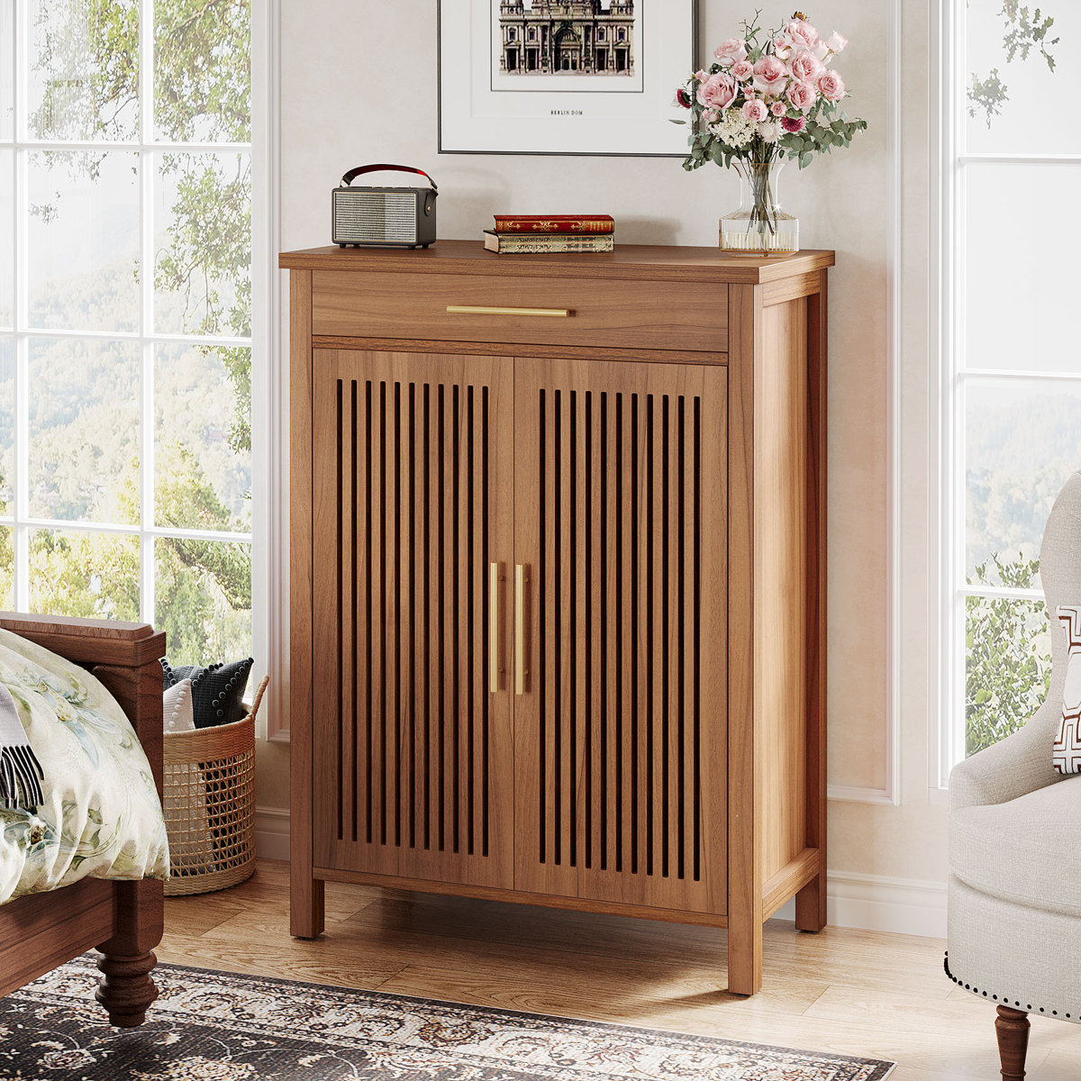 Ishpreet 5-Tier Shoe Storage Cabinet With Doors And Drawer, Wooden Shoe Rack Organizer