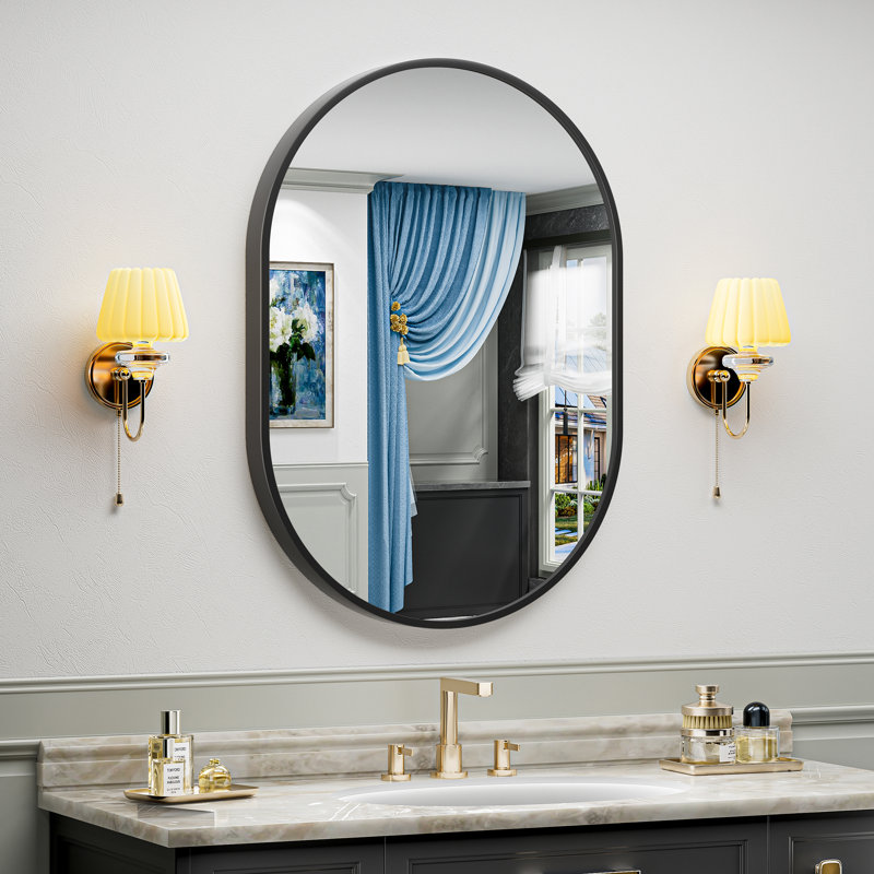 Matte Black Oval Vanity Mirror with Aluminum Alloy Frame, HD Tempered Glass, French Cleat Mounted Wall Decor Bathroom Vanity Mirror