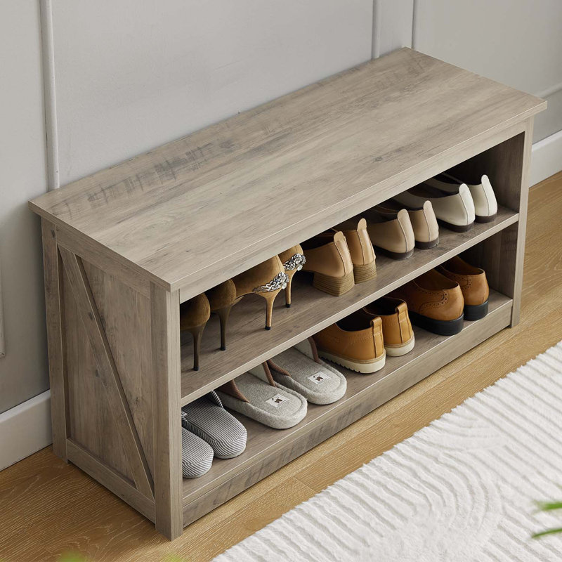 2-Tier Wooden Shoe Bench, 9 Pair Storage Entryway Organizer With Seat, Gray