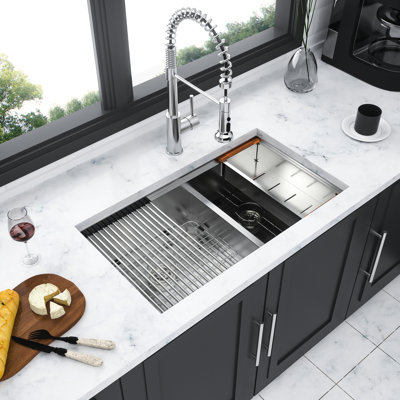 30"X19" Double Bowl 60/40  Undermount Kitchen Sink 16 Gauge T304 Stainless Steel With Two 10" Deep Basin, Flat Apron Front Design, X - Shaped Water Guide, R10 Rounded Corner, Coating, 3Mm Rubber Pad,