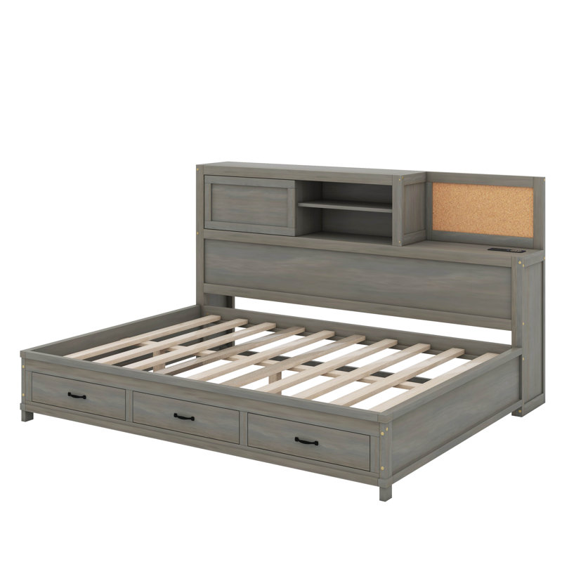 Lit de jour en bois pleine grandeur avec 3 tiroirs de rangement, tablette souple supérieure, tablette et ensemble de prises et ports USB