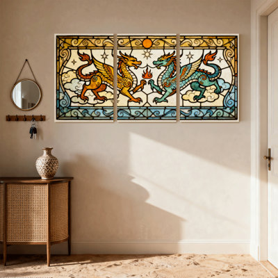 Stained Glass Dragon and Phoenix Design Set of 3 Canvas Wall Art Prints