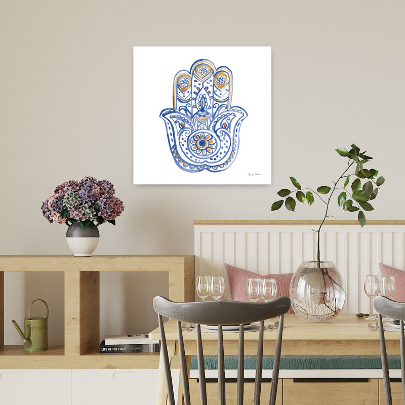 Art bohémien Hamsa II avec amulette bleue, H 18 po x l 18 po