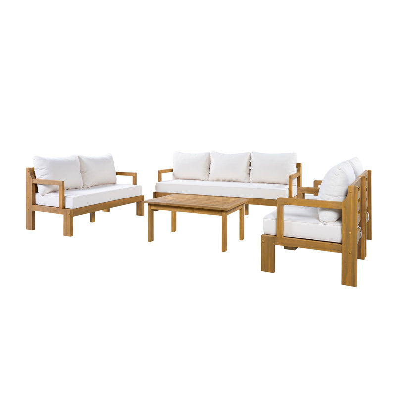 Ensemble de conversation d'extérieur en bois d'acacia 7 places avec coussins imperméables beiges