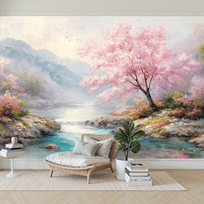 Peel and Stick Wallpaper 144" W x 100" H Modern Self Adhesive Wall Mural for Bedroom Rural Landscape Hill Tree Meadow Sunrise Cherry Blossom Branches
