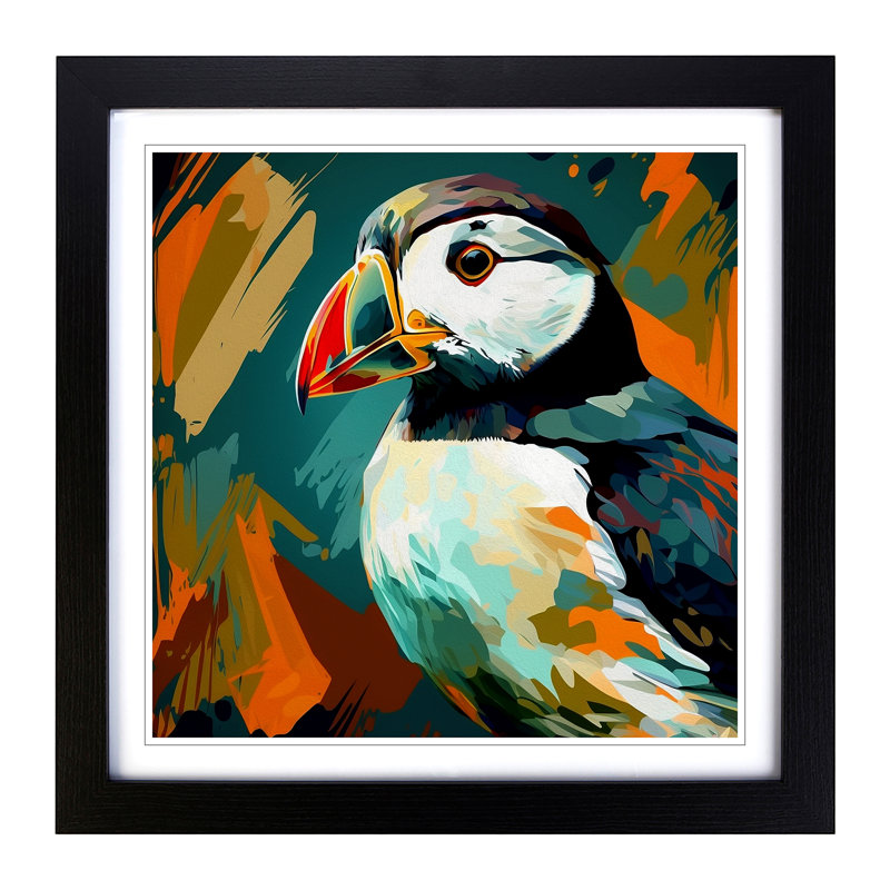 Puffin Abstract Expressionism - Single Picture Frame Print on Wood, Black